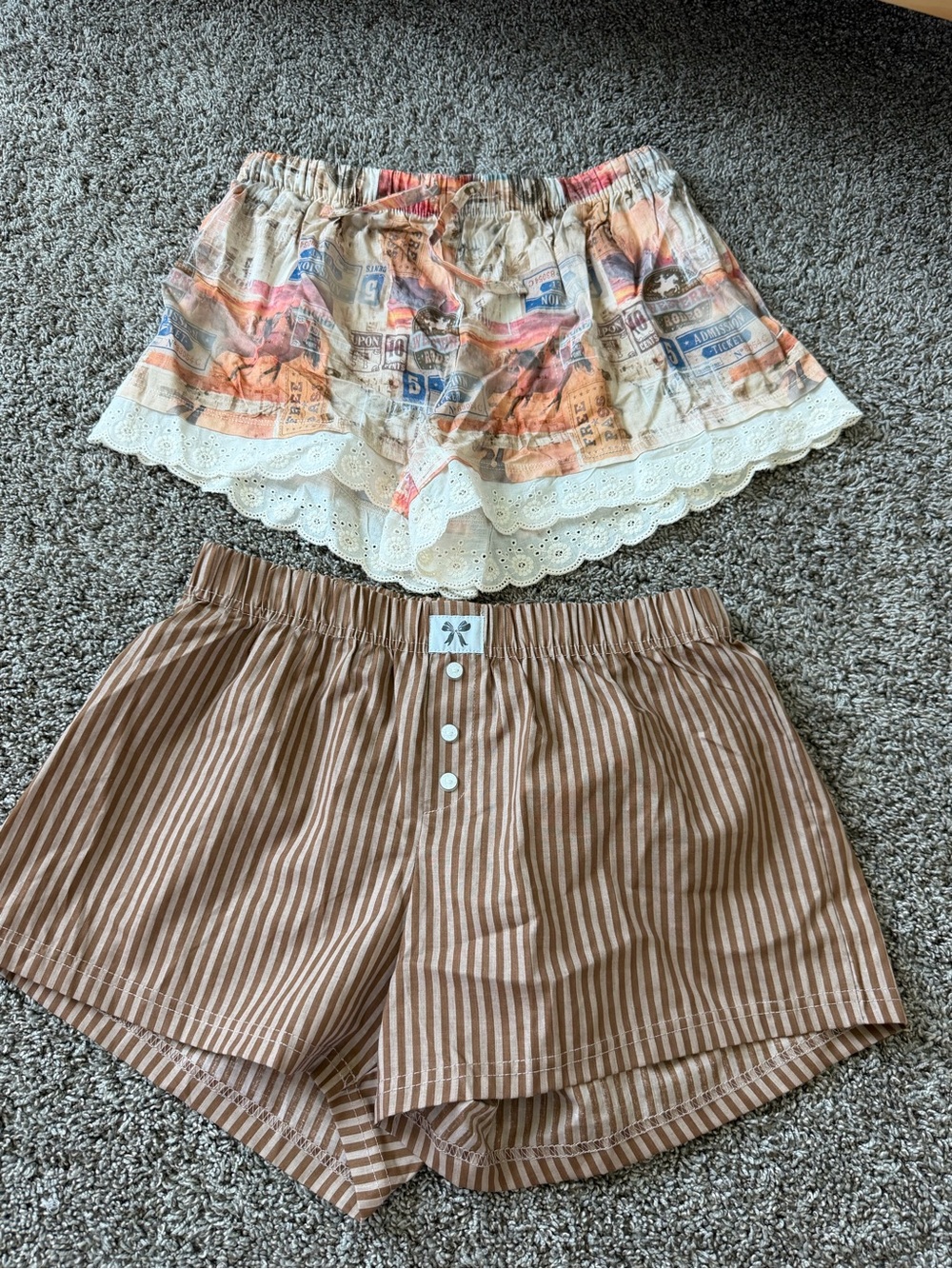 Striped Brown Cotton Lounge Shorts + Printed Lace-Trim Shorts Set